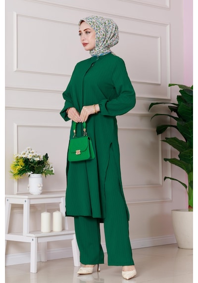 Sevitli Yırtmaç Detaylı Tunik Pantolon Takım-yeşil-4867