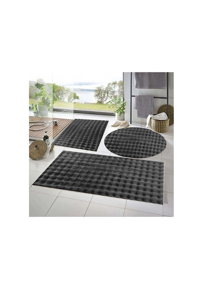 Raschel Carpet Balat Halı 3'lü Kaymaz Taban Bubble Peluş Banyo Paspası Koyu Gri 50x50 Yuvarlak -50x50 Ve 50x70 Çok Renkli