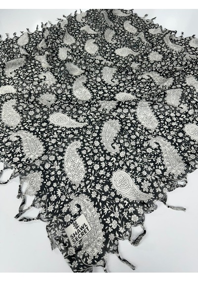 Shawl Secret Sökme Boncuklu Pamuk Yazma - 05868 Siyah-beyaz