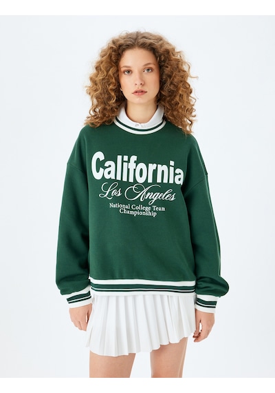 Koton Bisiklet Yaka Kolej Baskılı Biyeli Oversize Sweatshirt Yeşil 5wal10831ık Yeşil