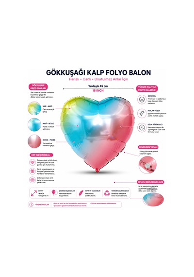 Rainbow Kalp Folyo Balon 18 İnç Doğum Günü Parti Süsü Dekorasyon Balonu Helyumlu Çok Renkli
