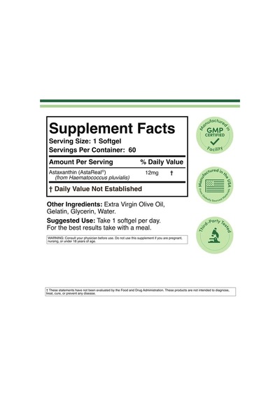 Astaxanthin 12 Mg 60 Softgels Astareal 70+ Human Clinical Studies