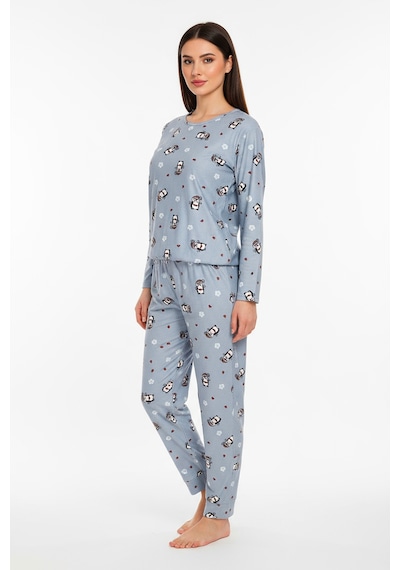 Bisiklet Yaka Süet Pijama Takımı 6009 Penguen Mavi Mavi
