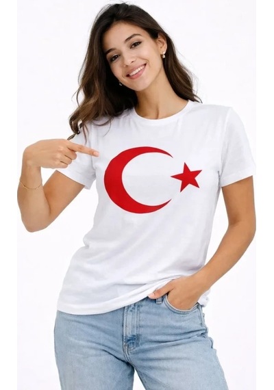 Valensdesign T-shirt Kısa Kol Bisiklet Yaka Ay Yıldız Bayrak Baskılı Tişört - Beyaz
