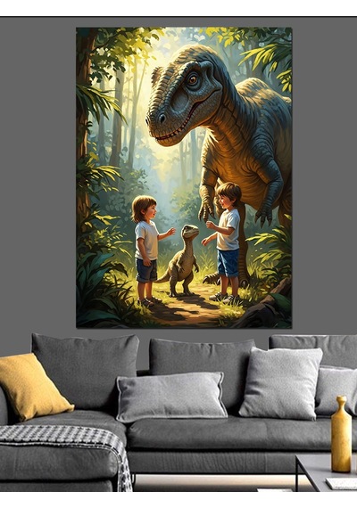Ahşap Tablo Dinozorlarla Oynayan Küçük Çocuklar