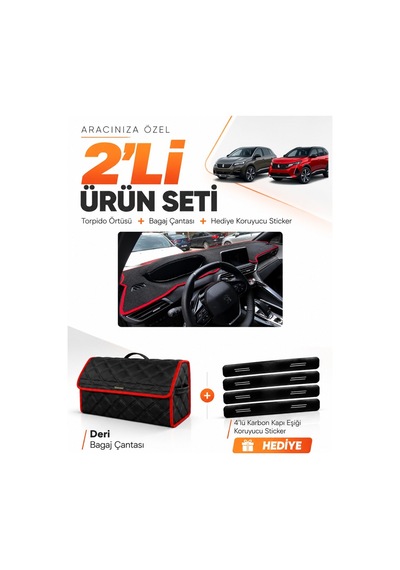 Peugeot 3008 2016-2023 Uyumlu Torpido Örtüsü + Deri Bagaj Çantası + Sticker Seti - Siyah Kırmızı