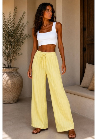 Hira Life Fashion Kadın Kumaşı Kabartma Detaylı Bol Paça Ve Önü Bağcıklı Salaş Burgu Şık Pantolon Sarı Sarı