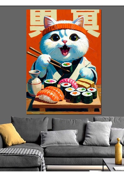 Ahşap Tablo Sushi Yiyen Sevimli Kedi