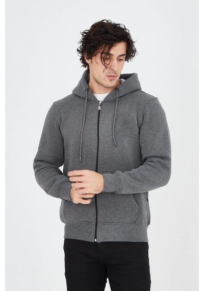 Barlashive Erkek 3 İplik Pamuklu Fermuarlı Kapüşonlu Kanguru Cepli Hoodie Hırka Sweatshirt - Füme Çok Renkli