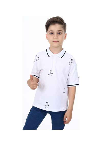 Toontoy Kids Toontoy Erkek Çocuk Polo Yaka Palmiye Baskılı Tişört Beyaz