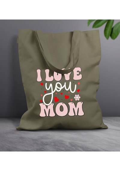 Bk Gift Anneler Günü Tasarımlı Haki Kumaş Bez Çanta, Baskılı Omuz Çantası, Alışveriş Çantası, Anneler Günü Hediyesi, Anneye Hediye-2 Çok Renkli