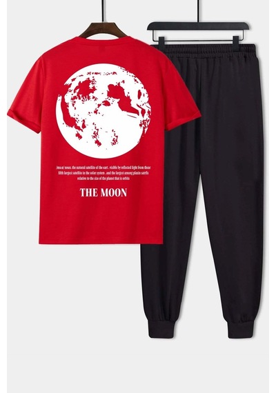Uyguntarz Unisex The Moon Baskılı 2'li Eşofman Takımı Kırmızı