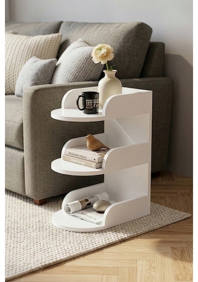 Yan Sehpa Modern 3 Katlı Kitaplıklı Çok Amaçlı Dekoratif Sehpa Minimal Tasarım 6103 Traverten Beyaz
