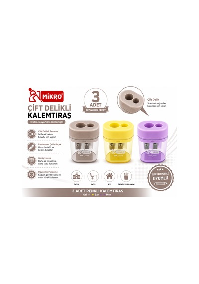 Mikro Çift Delikli Kalemtıraş 3 Adet Hazneli Standart Ve Jumbo Kalem Uyumlu Mk-1011