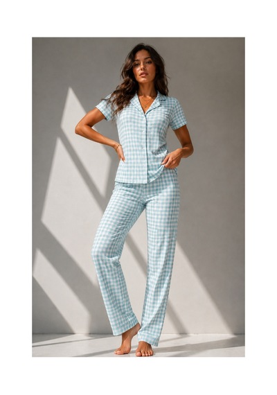Fit Women Kadın Klasik Doğal Düğme Gece Su Yeşili Pijama Takımı