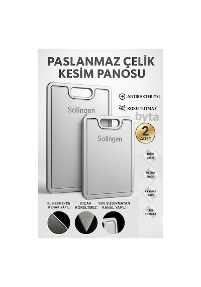 Solingen 2 Adet Paslanmaz Çelik Kesim Panosu Antibaktariyel Yüzey Gri