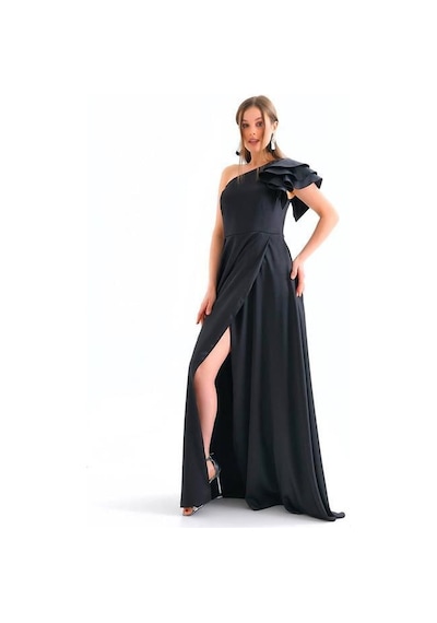 Dip Moda Kadın Siyah İthal Kumaş Saten Abiye Elbise Dpnbswll10 Siyah