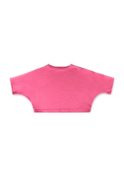 Pembe Bisiklet Yaka Rahat Kalıp Yarasa Kol Pike Kadın Crop T-shirt Pembe