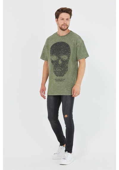 Erkek Parça Boya Baskılı Oversize Basic T-shirt Haki