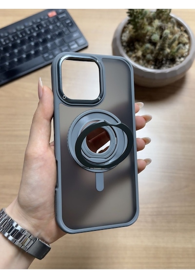 Apple iPhone Uyumlu 16 Pro Standlı Ve Yüzüklü Magsafe Kılıf Soocase721 Gri