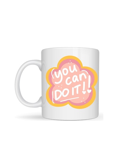 You Can Do It Yazılı Porselen Kupa Model 126 Motive Edici Mesajlı, Çiçek Tasarımlı, Pozitif Enerji