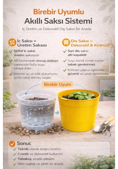 2 Li Saksı Seti 15 Pot Üretim Saksısı + 1,8 Litre Sarı Dekoratif Kırılmaz Saksı Tabaksız Uyumlu