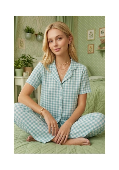 Fit Women Kare Desenli Bürümçük Kumaş Kısa Kollu Pijama Takımı 6065 Su Yeşili