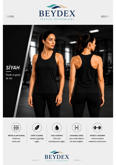 Beydex Bisiklet Yaka Sıfır Kollu Standart Kalıp Kadın Spor Atlet Siyah
