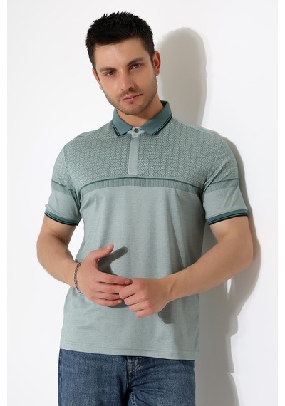 Rıbana Classıc Fermuar Detaylı Desenli Pamuklu Polo Yaka T-shirt Yeşil