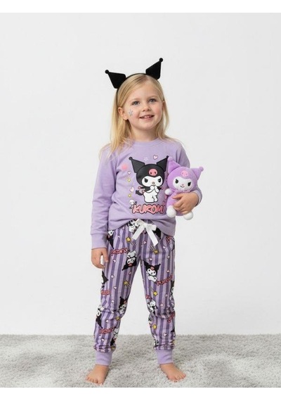 Kız Çocuk Pamuklu Baskılı Pijama Takımı-16830 Mor
