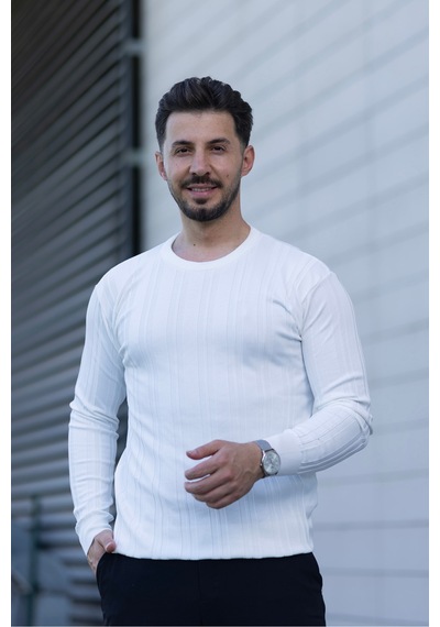 Hk Premium Kazak Fitilli Bisiklet Yaka Slim Fit Triko Beyaz
