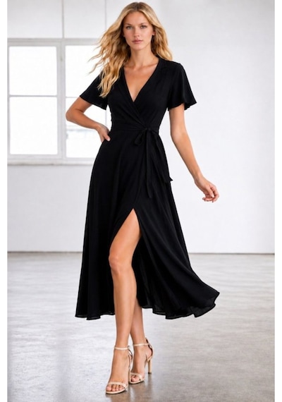 Butik İstanbul Kadın Kısa Kollu Kruvaze Yakalı Belden Kuşaklı Yırtmaçlı Midi Viskon Elbise Siyah