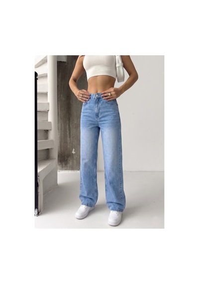 Kene Jeans Taş Yıkama Yüksek Bel Straight Denim Pantolon Taş Yıkama