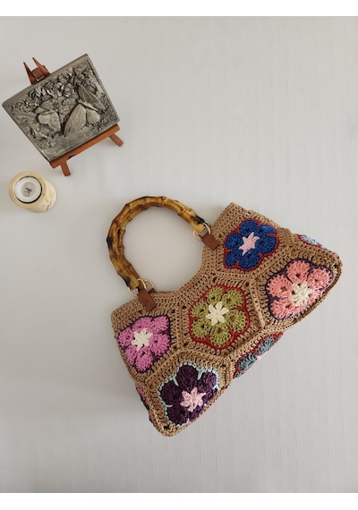 Fikriharika Design Afrika Çiçeği Motifli Kağıt İp Kadın El Çantası Bej - Çok Renkli