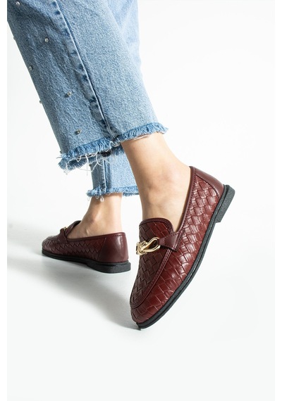 Lebibe Shoes Maby Kadın Bordo Örgü Dokulu Zincir Detaylı Loafer Düz Ayakkabı Babet