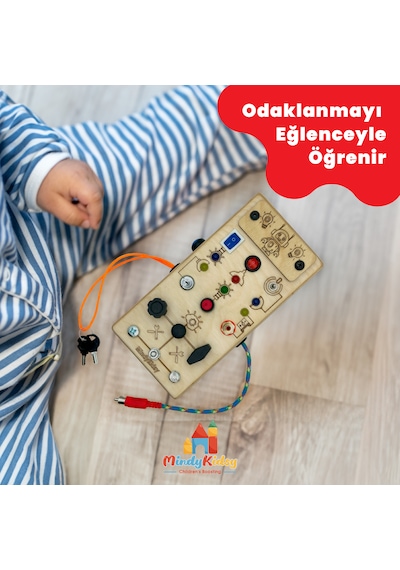 Çocuklar İçin Eğitici Ahşap Montessori Işıklı Civatalı Vidalı Oyun Panosu - Zeka Geliştirici Oyuncak