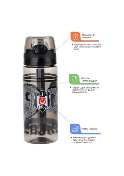 Beşiktaş Beşiktaş Lisanslı 500ml Pipetli Kilitli Kapaklı Siyah Matara 26369 Çok Renkli