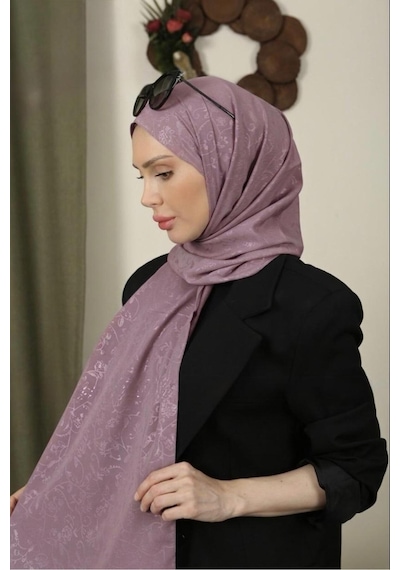 Flora Tekstil Çiçekli Desen İnce Medine İpeği Jakar Şal Lila