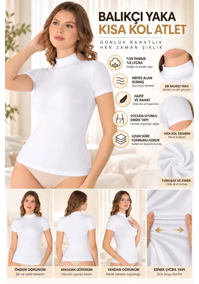 N11 Kadın Balıkçı Yaka Kısa Kol Atlet Beyaz, Esnek Kumaş, Vücuda Oturan Basic Body - Ryl - 2611