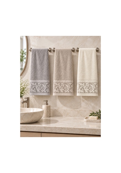 Sarmaşık Desenli Havlu 50x90 Cm 3 Lü Set %100 Pamuk - Silver Sand Çok Renkli