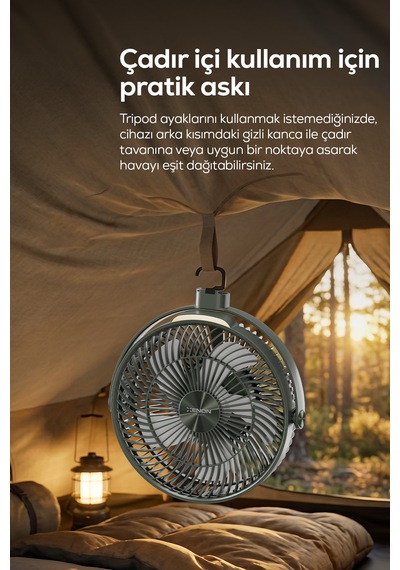 Taşınabilir Kamp Vantilatörü 8000 Mah, Bataryalı, Tripodlu, Işıklı, Sessiz X7434-yeşil