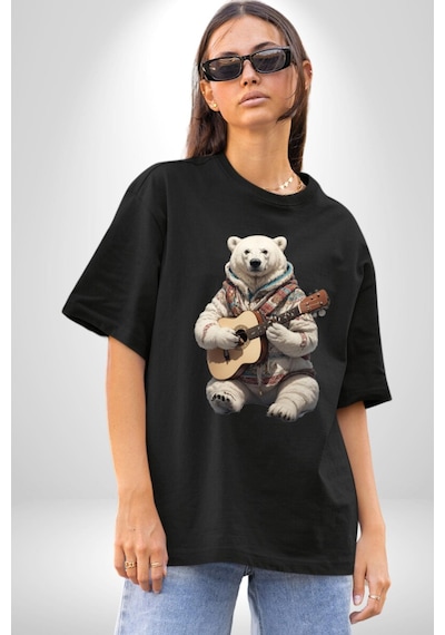 Kutup Ayısı Gitar Polar Çeket Pamuklu Bisiklet Yaka Unisex Oversize Boyfriend Dijital Baskılı Siyah T-shirt Siyah