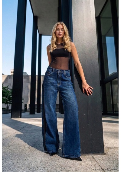 Kadın Koyu Mavi 2w6-5 Süper Baggy Yan Süet Detaylı Özel Tasarım Denim Jean