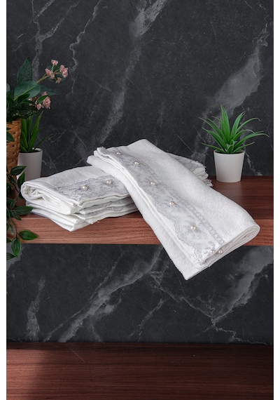 % 100 Pamuklu Kadife Güpürlü İnci Işlemeli 6 Lı Çeyizlik El Yüz Havlu Seti - 30x50 Cm - 04466 - Gri Gri