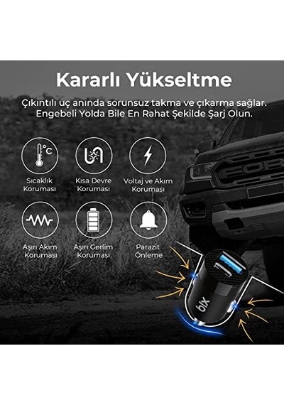 Bxac65c 65w Pd Type-c & 18w Usb-a Girişli Çift Portlu Hızlı Şarj Özellikli Araç İçi Şarj Cihazı Siyah