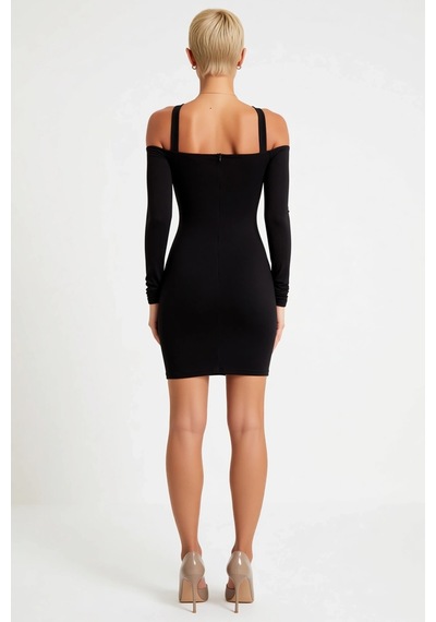 Benerly Kadın Mini Astarlı Carmen Yaka Uzun Kollu Bodycon Örme Elbise Alt Siyah
