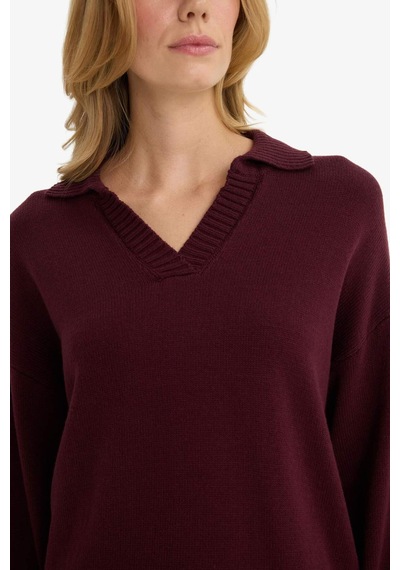 Defacto Oversize Geniş Kalıp Polo Yaka Triko Kazak F9126ax25wnbr467 Bordo