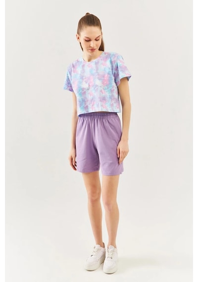 Kadın Rahat %100 Pamuklu Penye Bisiklet Yaka Kısa Kol Basic Crop T-shirt Batik Aqua