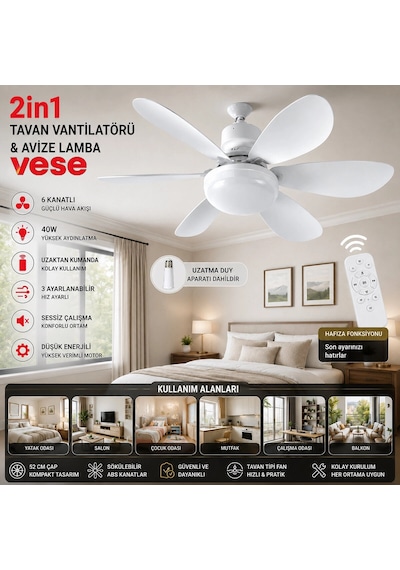 Bay 2in1 Tavan Vantilatör - Avize Lamba 40w Kumandalı 6knat Vnt-005 Bx40 Najmaddin