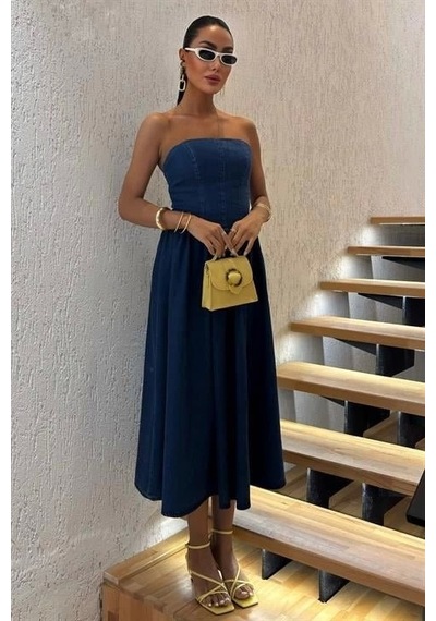 Defymoda Beli Pileli Straplez Denim Elbise 2886 Denim